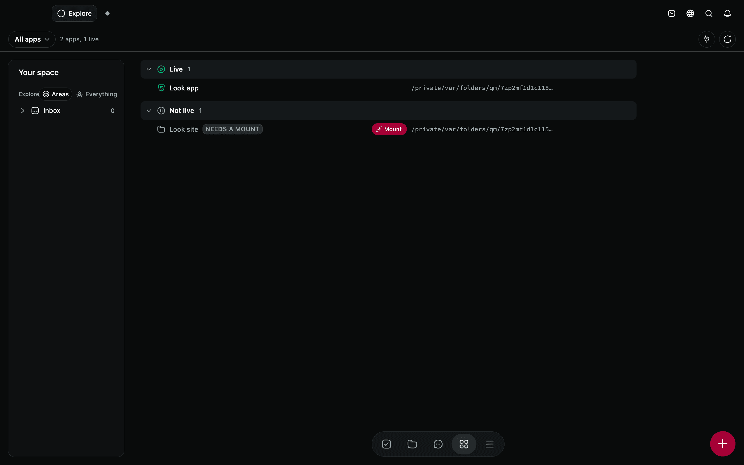 The Apps screen on test data: the apps you keep, Live and Not live, with Mount for a port.