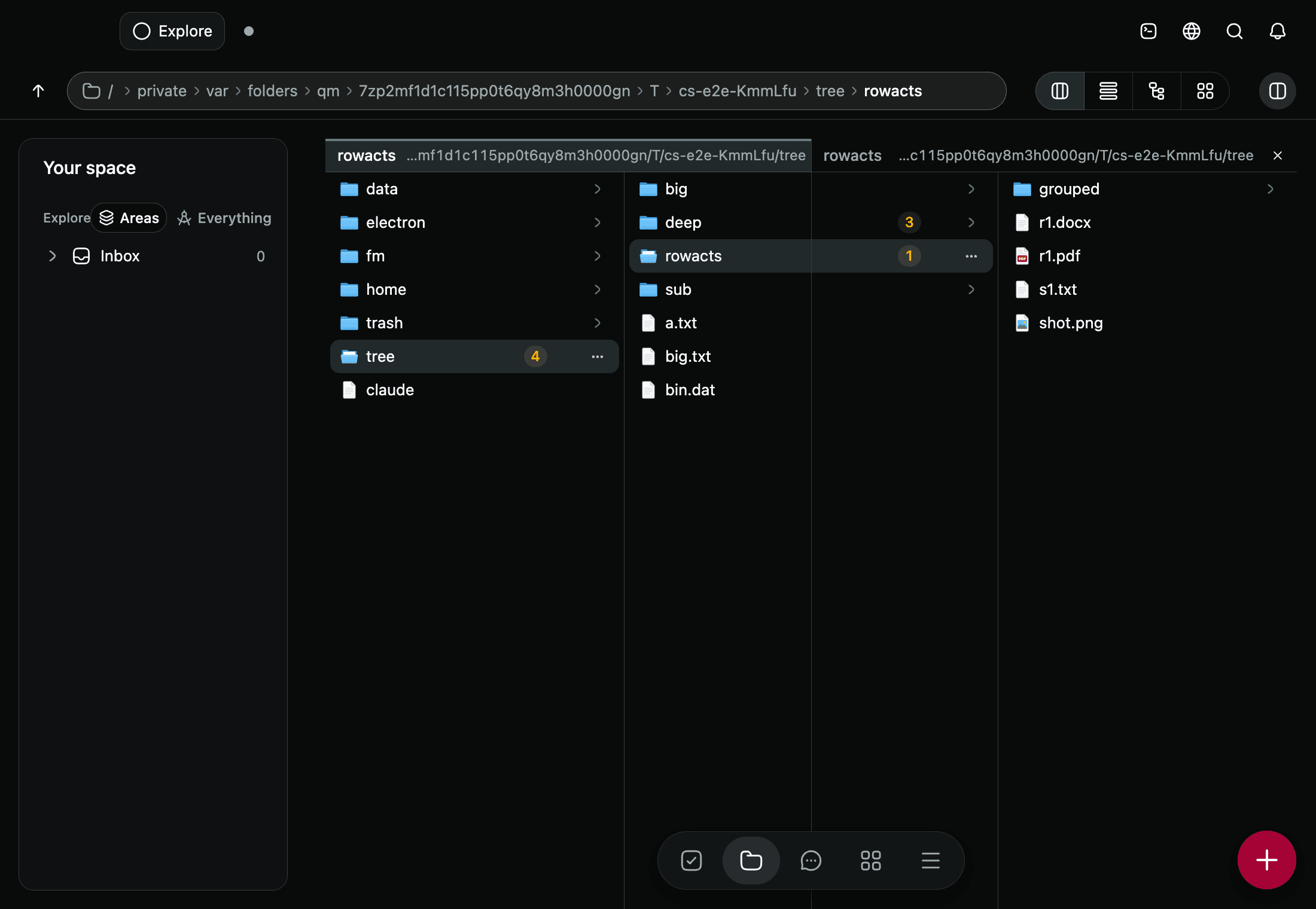 The split view: a second pane beside the first, for moving entries between two folders.