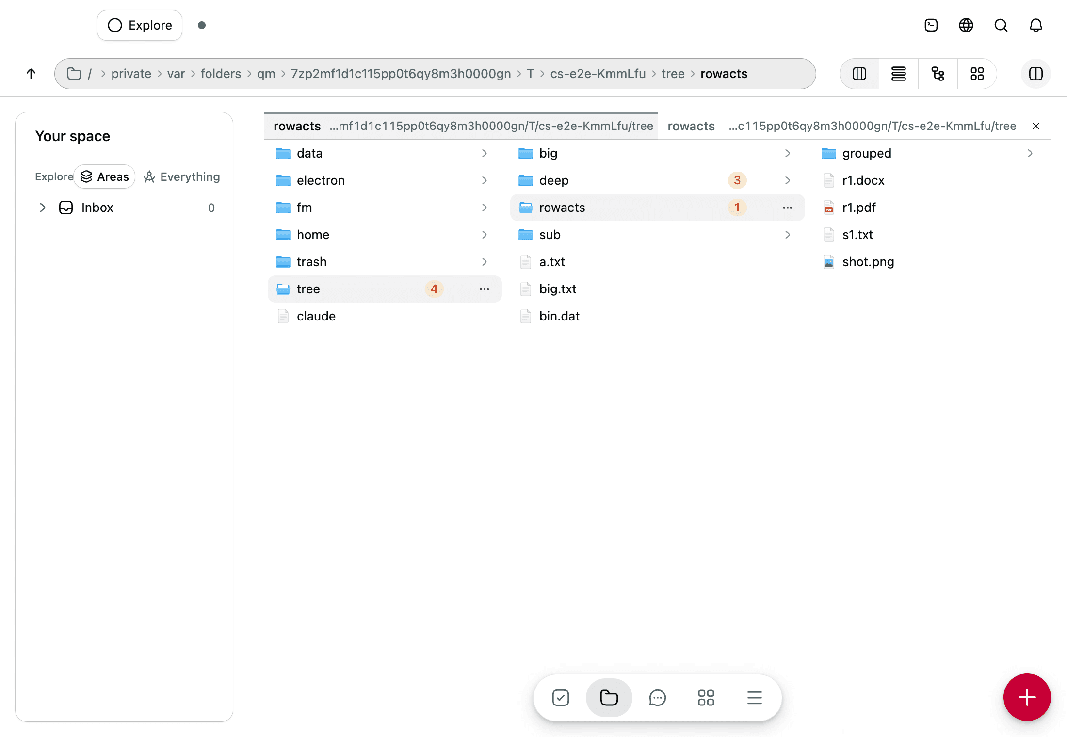 The split view: a second pane beside the first, for moving entries between two folders.