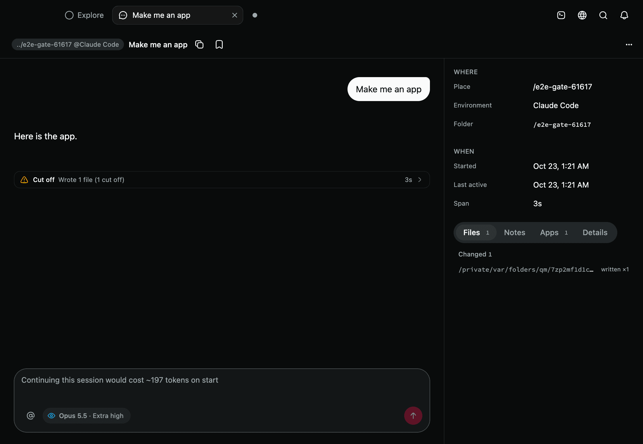 A session open in a tab: the feed, the side pane with its Files, Notes, Apps and Details, and the composer showing what continuing would cost before you send.