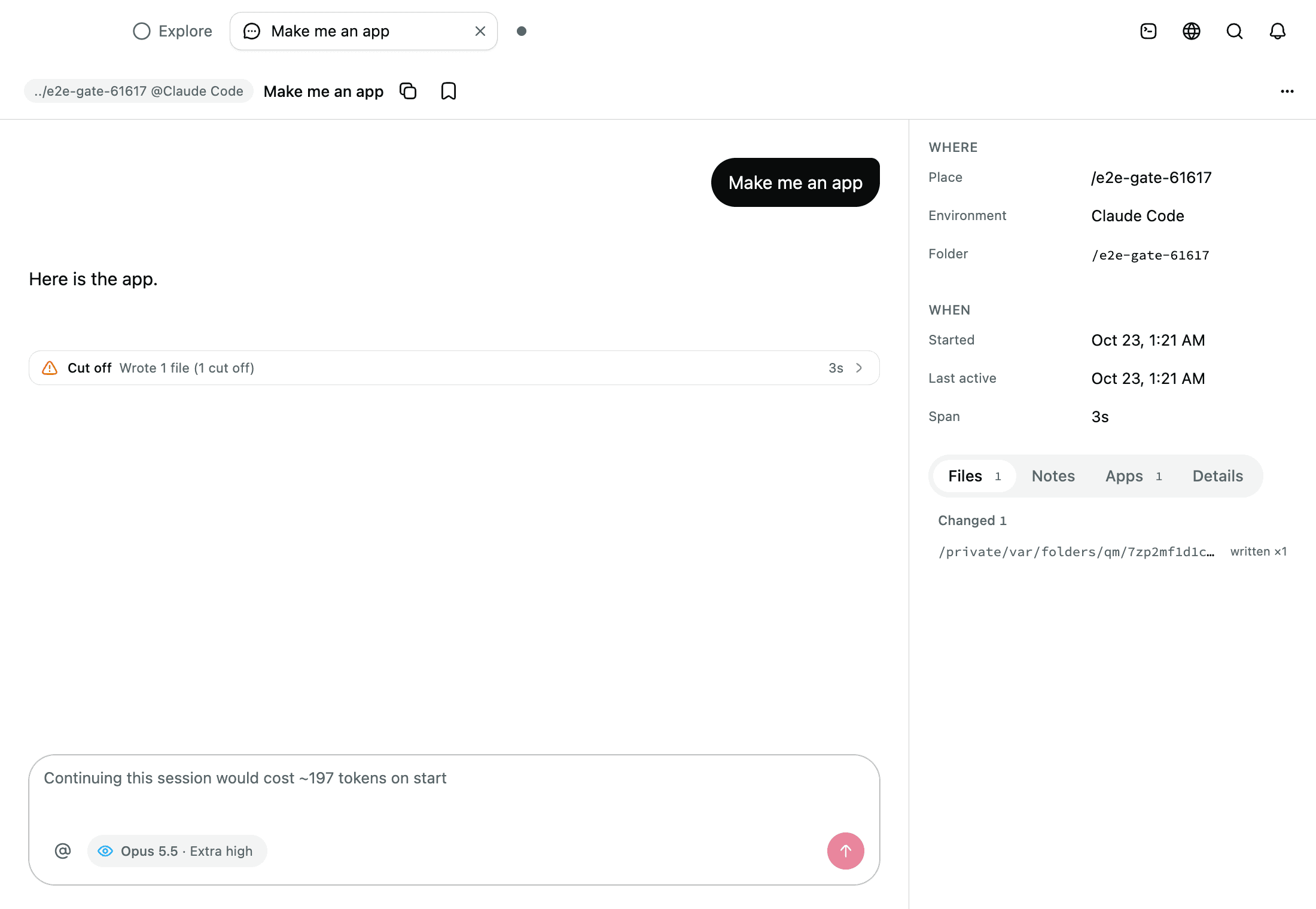 A session open in a tab: the feed, the side pane with its Files, Notes, Apps and Details, and the composer showing what continuing would cost before you send.