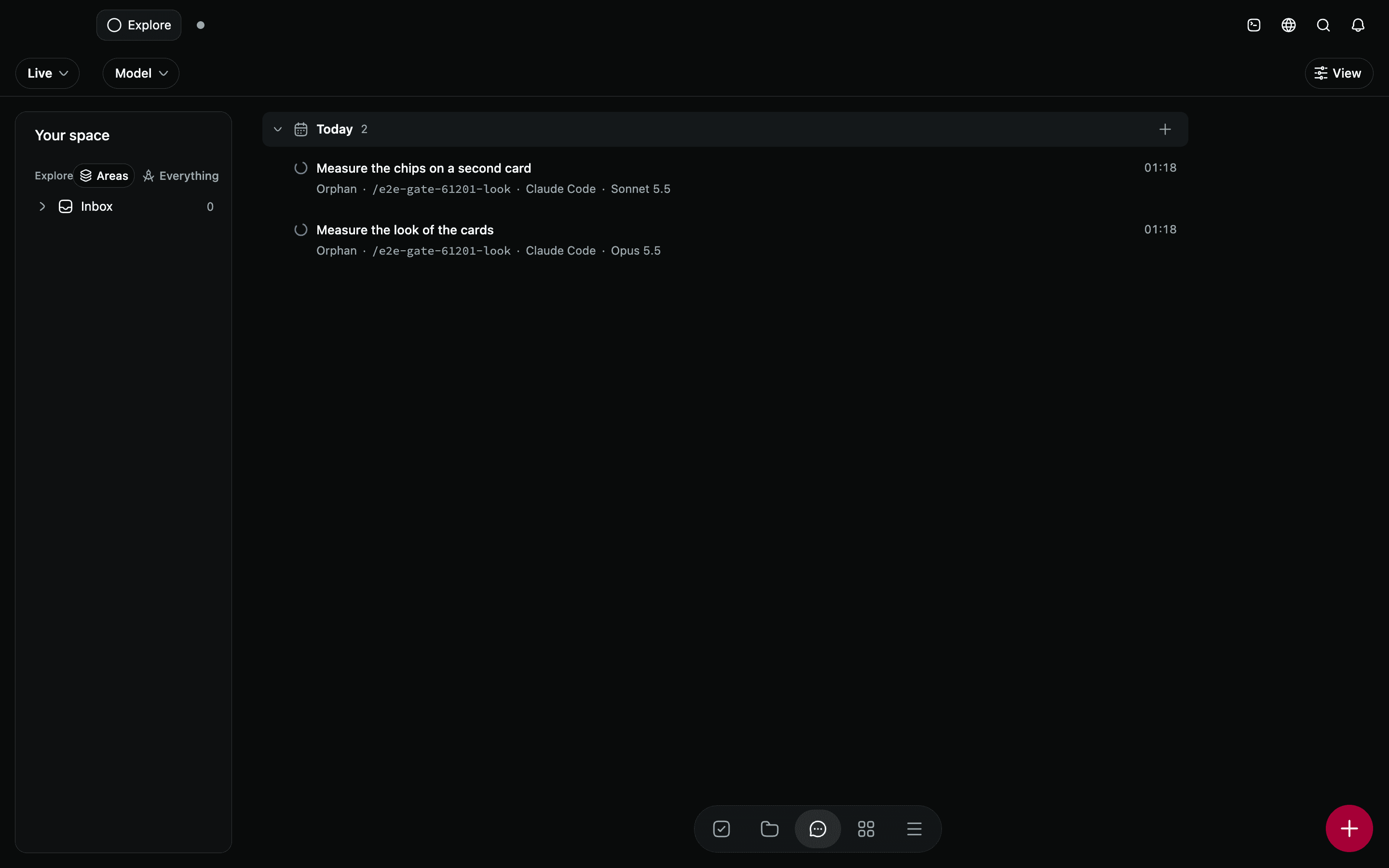 The Sessions screen on test data: cards in day groups with the Status, Environment and Model filters in the toolbar.