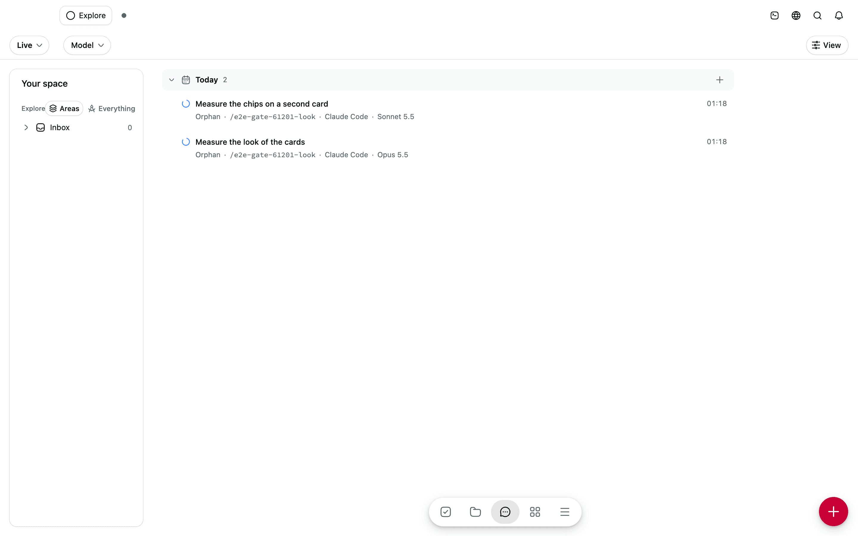The Sessions screen on test data: cards in day groups with the Status, Environment and Model filters in the toolbar.