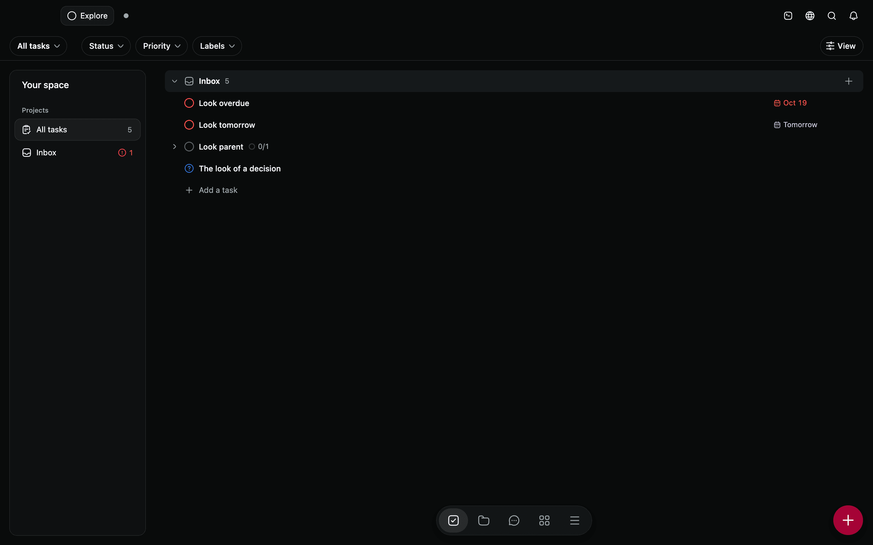 The Tasks screen on test data: projects in the sidebar, the list with its due dates, a folded subtask and the add row.