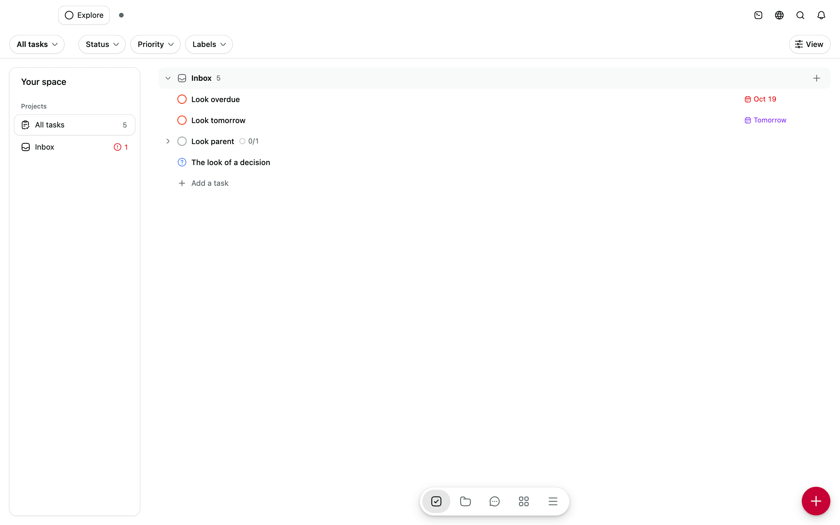 The Tasks screen on test data: projects in the sidebar, the list with its due dates, a folded subtask and the add row.
